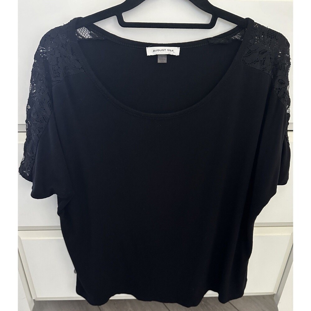 August Silk Womens Blouse Large Black Lace Shoulder Dolman Short Sleeve Top